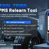 A blue portable TPMS relearn tool is shown next to a tire in a workshop setting.