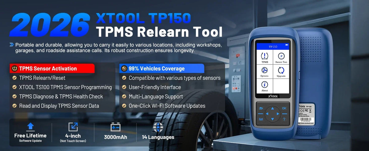A blue portable TPMS relearn tool is shown next to a tire in a workshop setting.