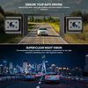 A 4-channel dashcam is shown mounted on a car, demonstrating super-clear night vision in a city driving scene.