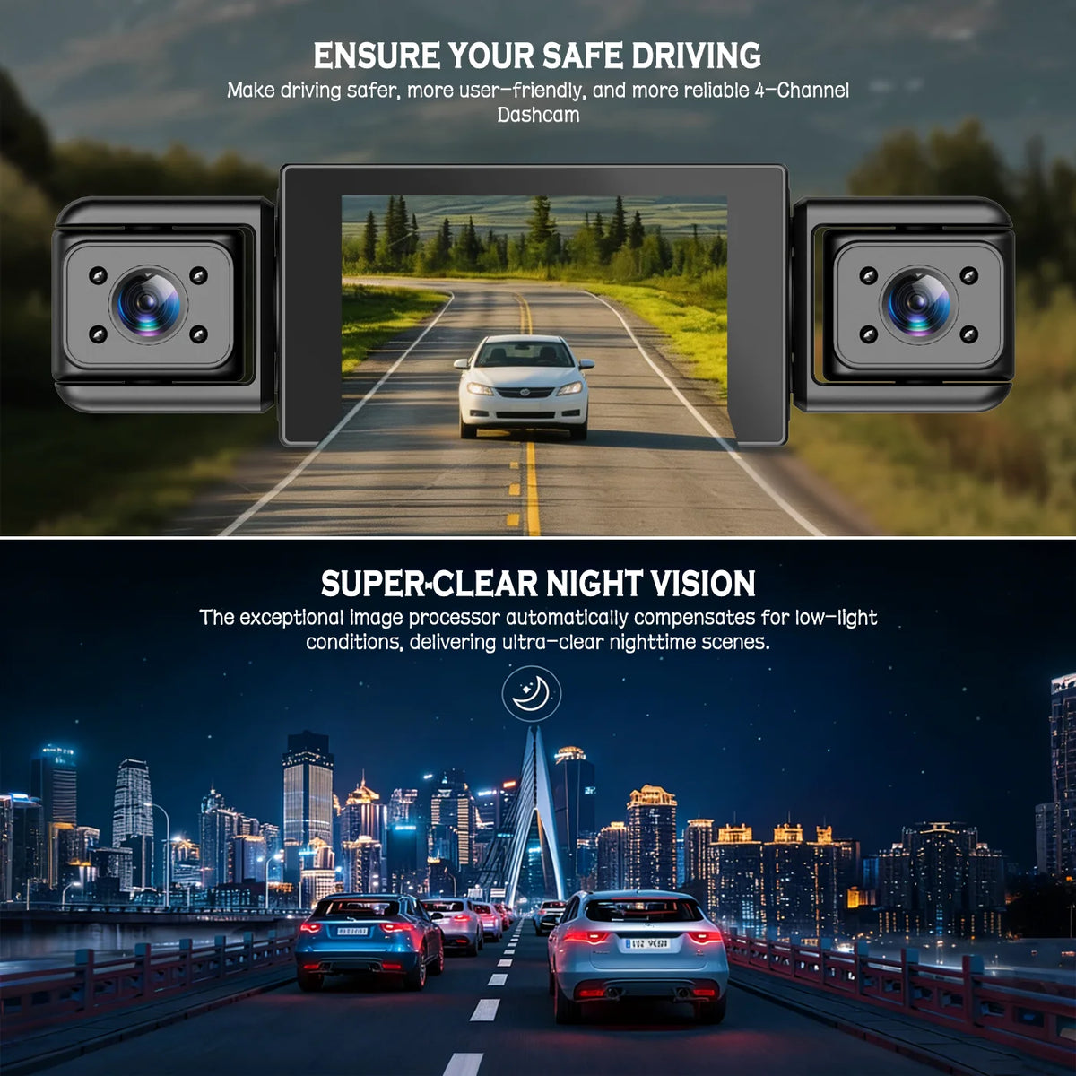 A 4-channel dashcam is shown mounted on a car, demonstrating super-clear night vision in a city driving scene.