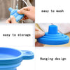 Blue silicone funnel with a hanging design shown in various contexts for easy washing and storage.