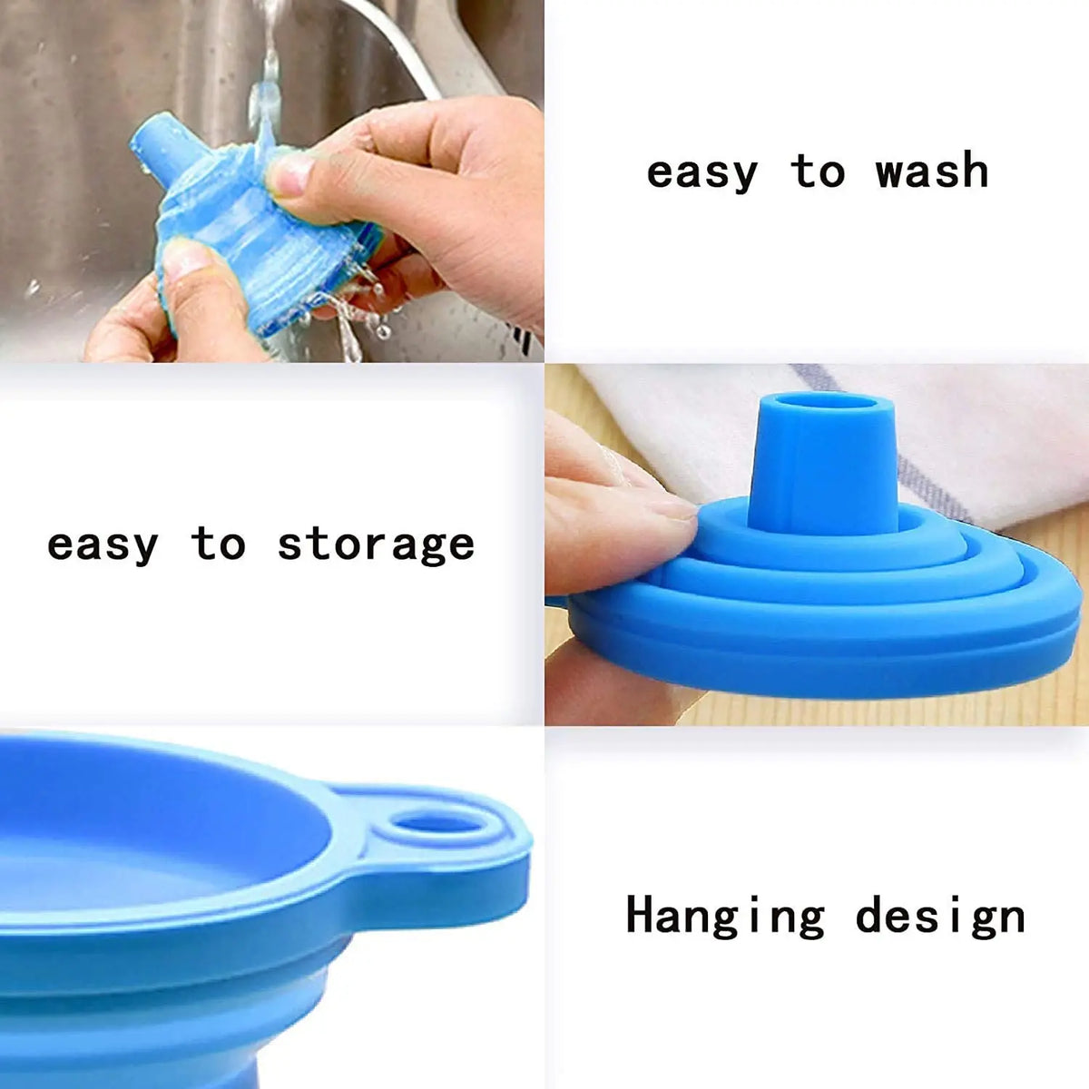 Blue silicone funnel with a hanging design shown in various contexts for easy washing and storage.