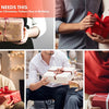 A person unwraps a red gift box in a festive setting.