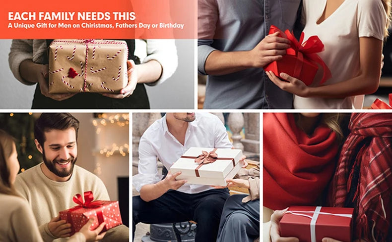 A person unwraps a red gift box in a festive setting.