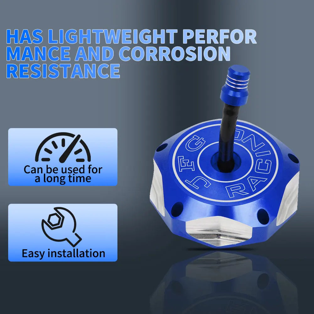 Blue aluminum fuel tank cap with a threaded plug, designed for lightweight and corrosion resistance.