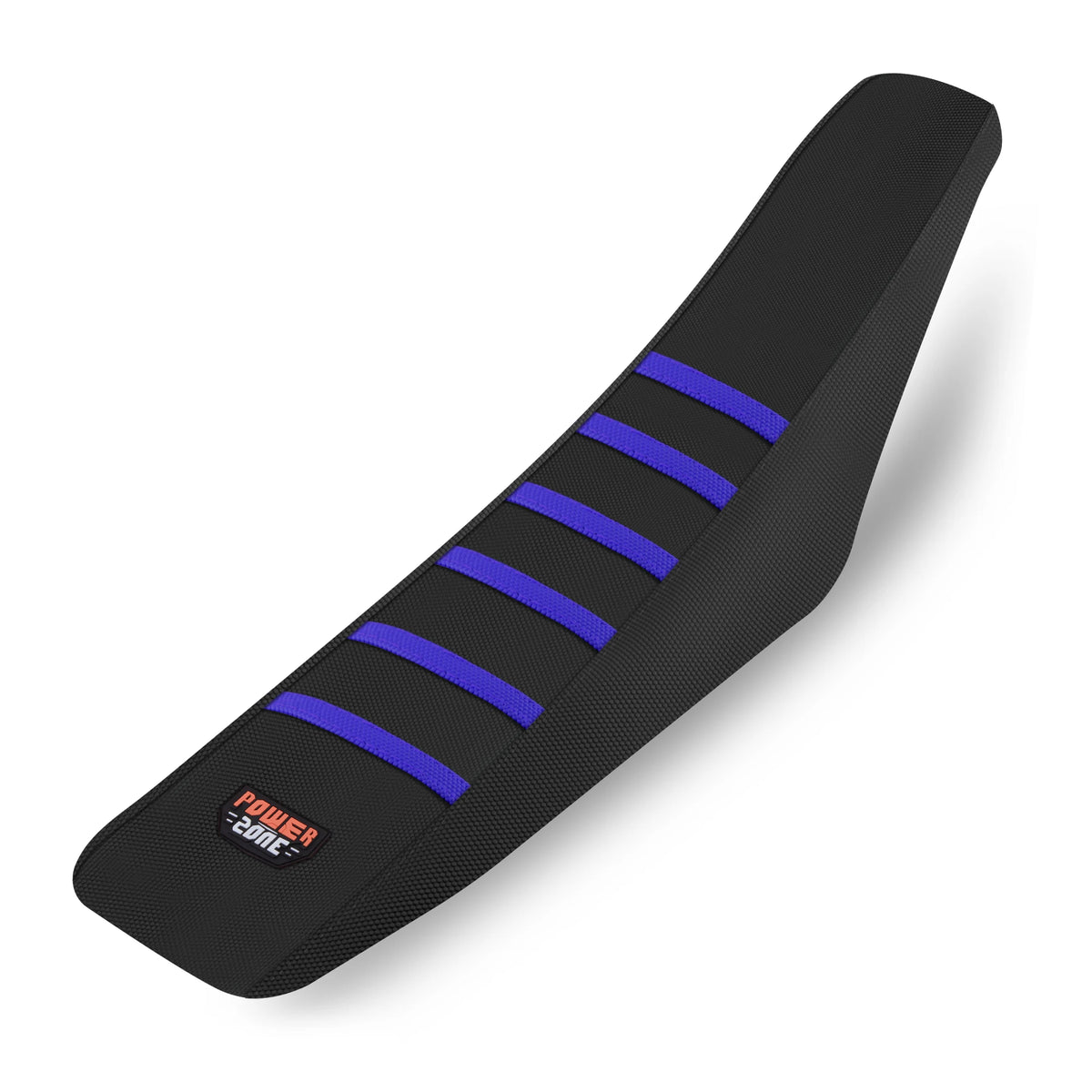 Black ribbed motorcycle seat cover with purple stripes and a Power Zone logo