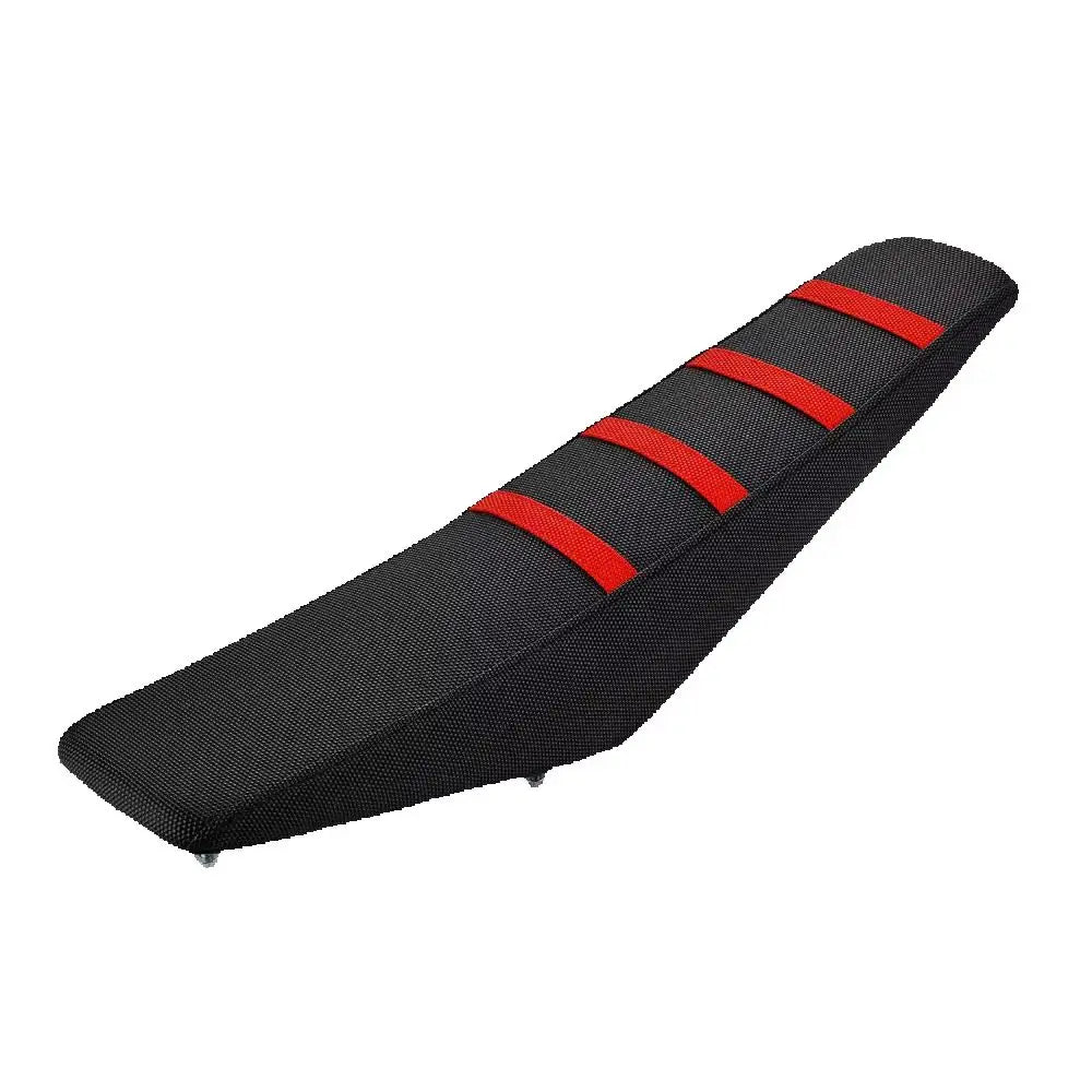 Black motorcycle seat cover protector with red stripes on a black fabric.