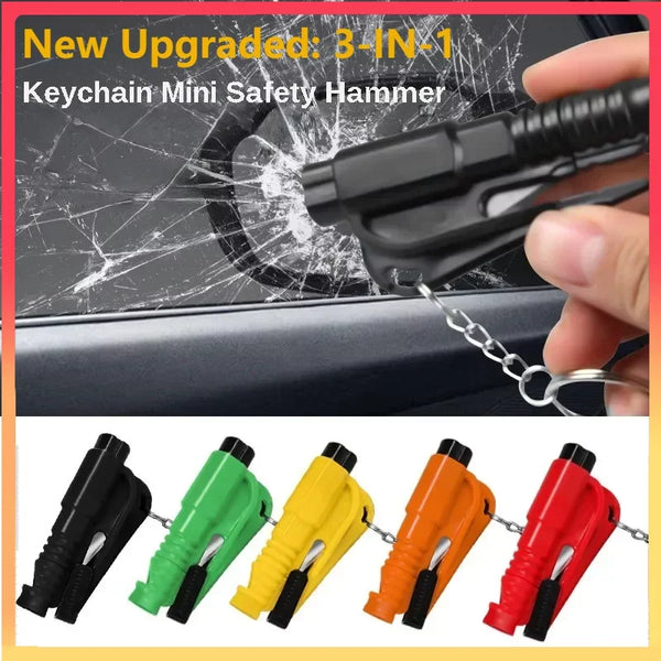 A hand holds a black keychain mini safety hammer and five colored versions of the 3-in-1 car emergency safety tool kit.