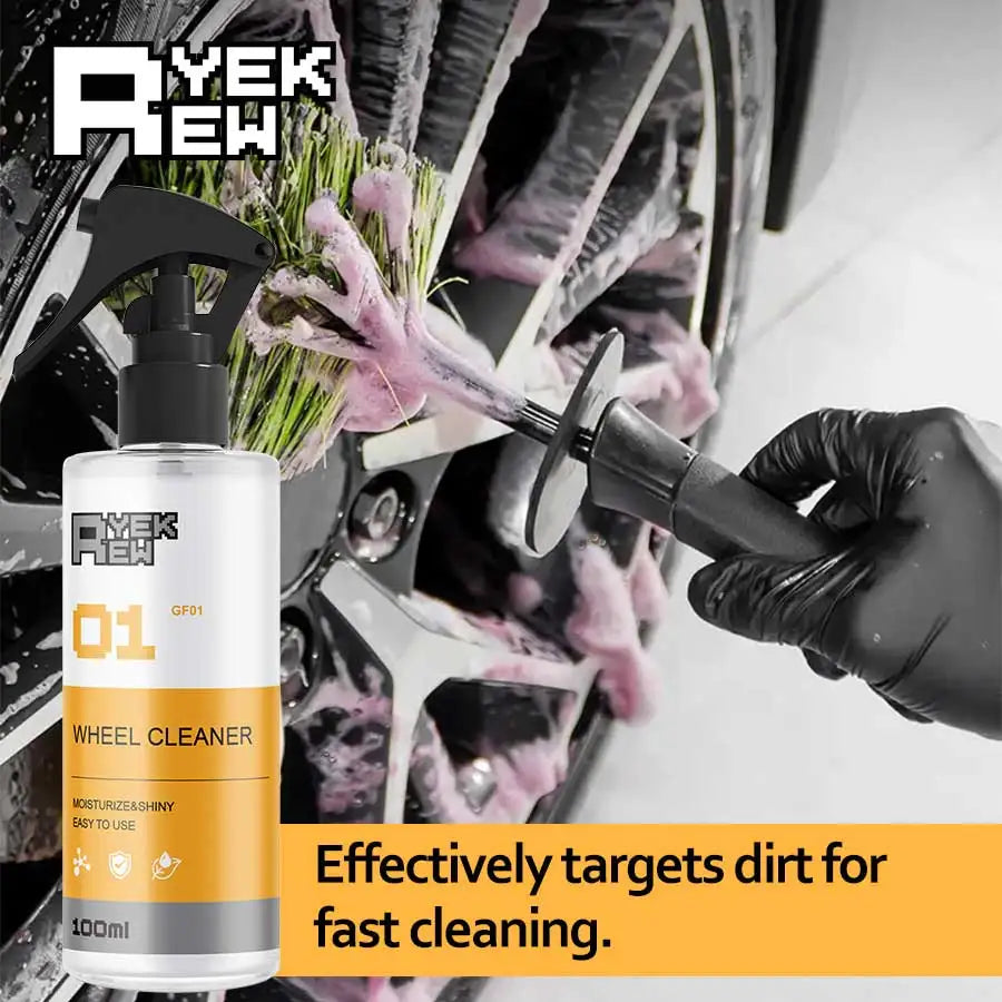 A bottle of AYEKREW 01 Wheel Cleaner is shown with a hand cleaning a tire wheel.