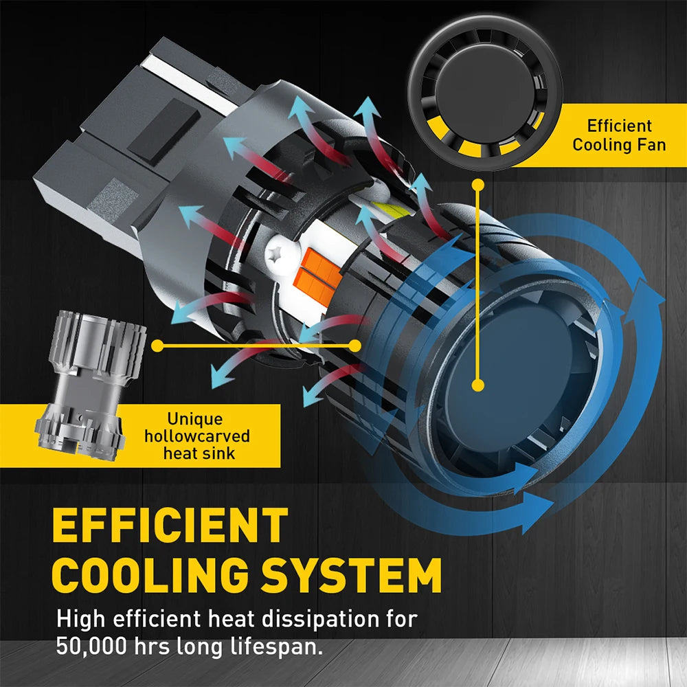 Close-up view of an efficient cooling system for a LED turn signal, showing a heat sink and a cooling fan.