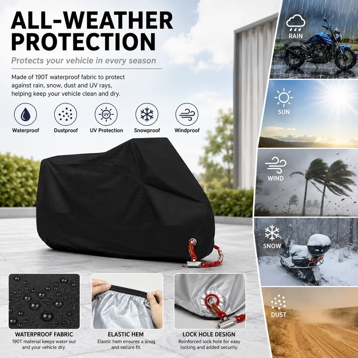 Cubierta protectora impermeable negra para motocicletas y scooters, con tela impermeable y dobladillo elástico.