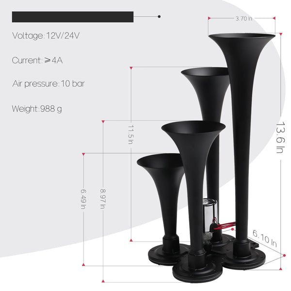 A black heavy-duty air horn system with four tubes shown in a vertical arrangement.