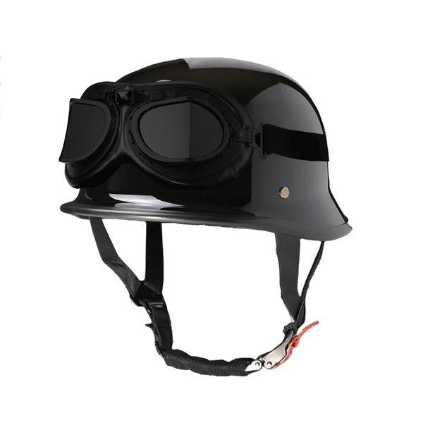 Black universal half-helmet motorcycle and EV safety gear with a strap visible.