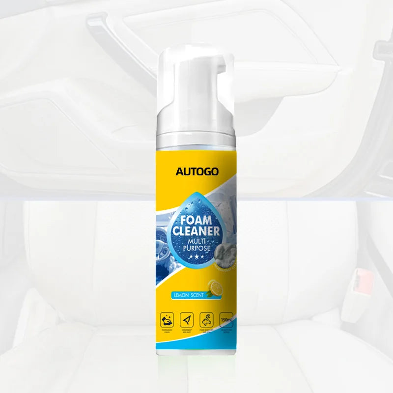 A bottle of Autogo multi-purpose foam cleaner with a white pump dispenser shown in a bright interior setting.