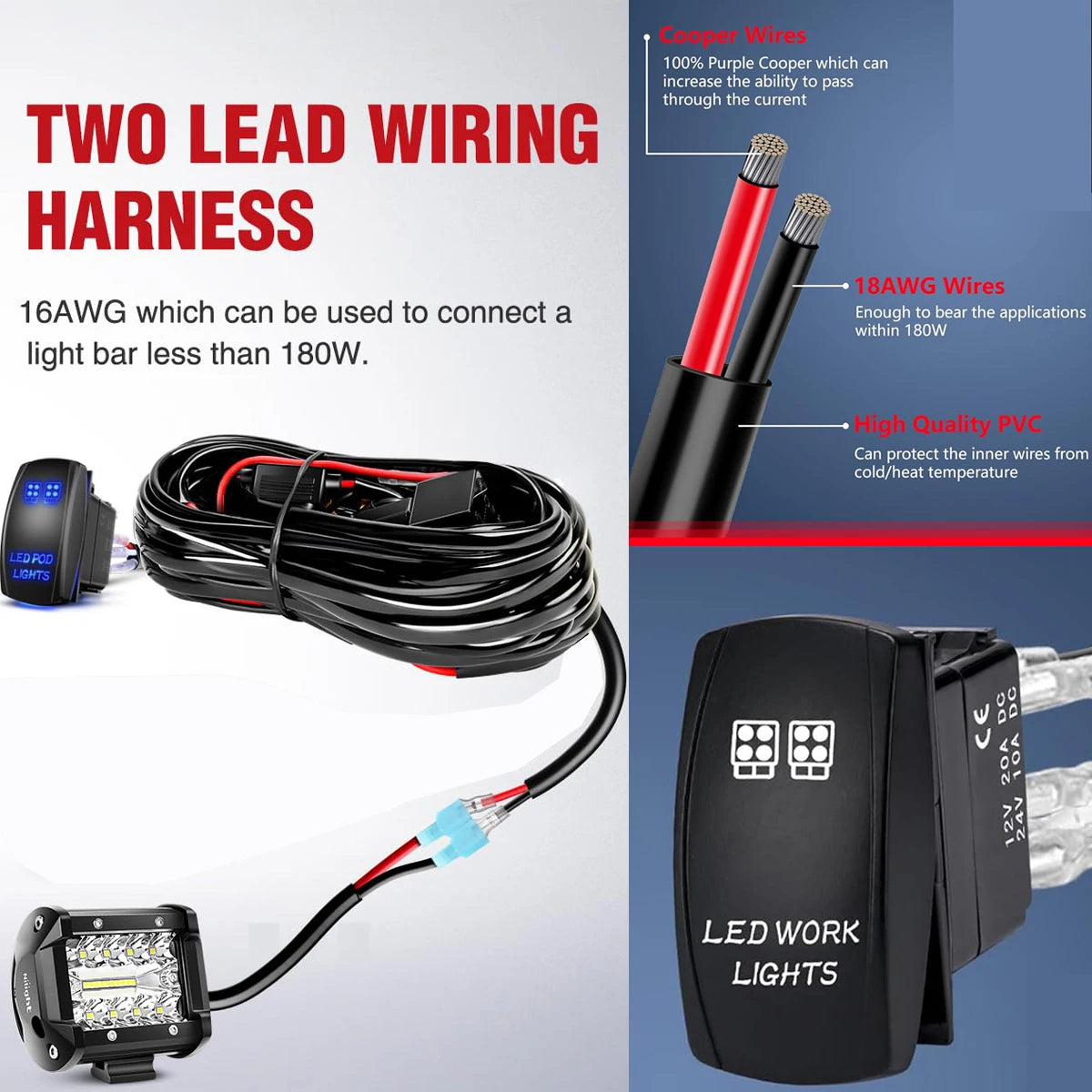 A black LED work light bar wiring harness kit featuring 16AWG wires and a durable PVC connector.