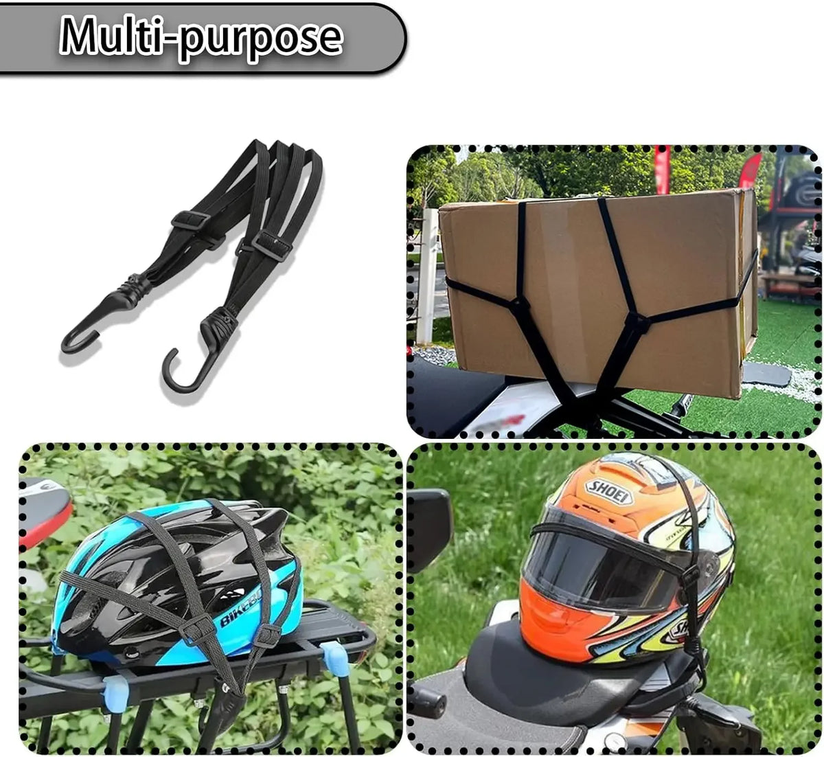 Produit multi-usage montrant un casque de moto rétractable et des sangles de bagage pour sécuriser des articles.