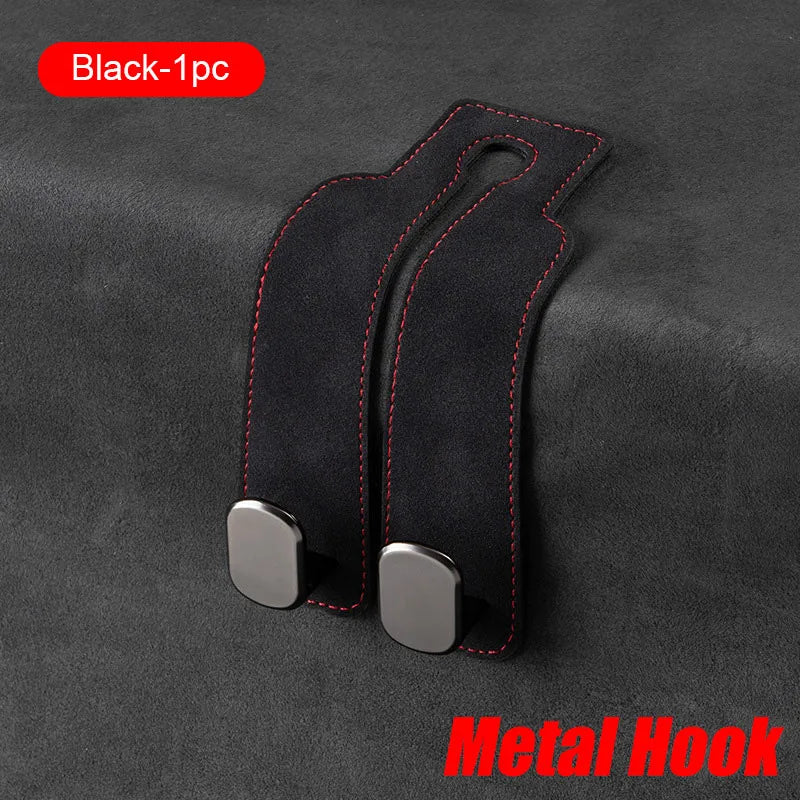 Black suede car seat back storage hook with metal hooks