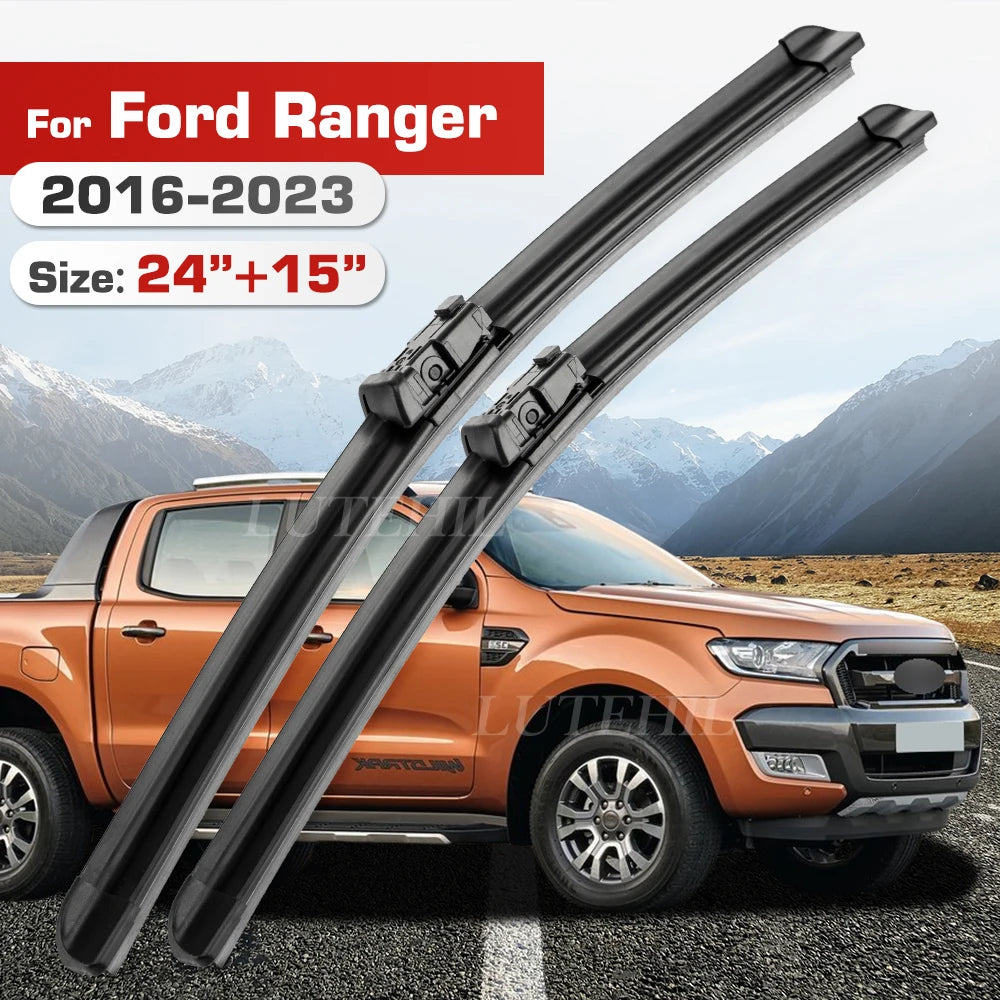 A set of Ford Ranger front wiper blades for 2016-2023 trucks shown against a mountainous landscape.