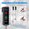 A digital battery and alternator tester with an LED display showing battery status, featuring various clips for testing.
