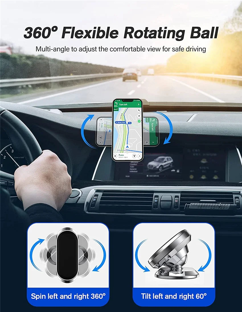A hand is adjusting a 360 degree flexible rotating ball magnetic car phone holder for safe driving.