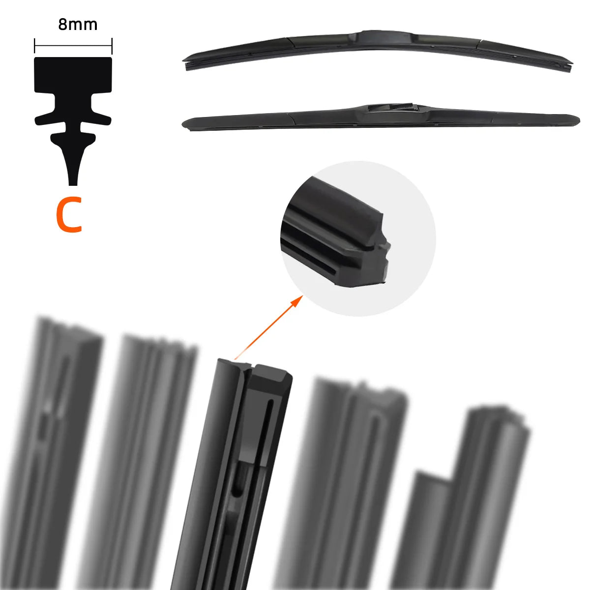 A set of black wiper blade refill rubber strips and a mounting piece for replacement.