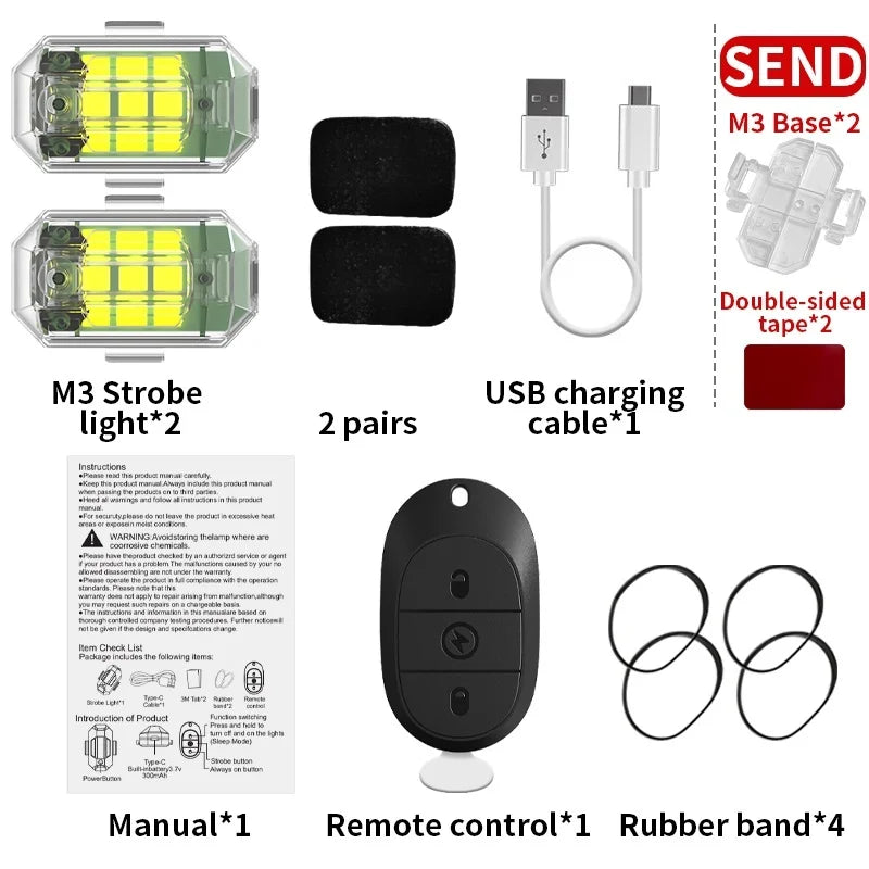 Set of M3 strobe lights, USB charging cable, remote control, and rubber band for vehicle warning.