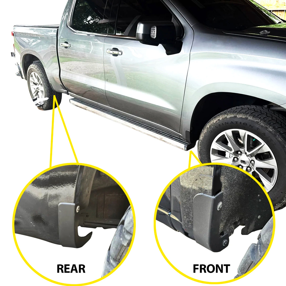 Close-up view of black mud flaps for the rear and front of a Chevrolet Silverado 1500 truck.