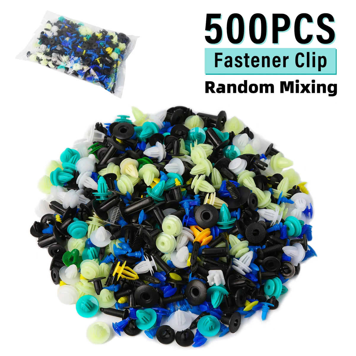 A pile of 500 random mixing fastener clips and rivets in various colors including black, blue, yellow, and white.