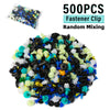 A pile of 500 random mixing fastener clips in various colors including black, blue, yellow, and white.