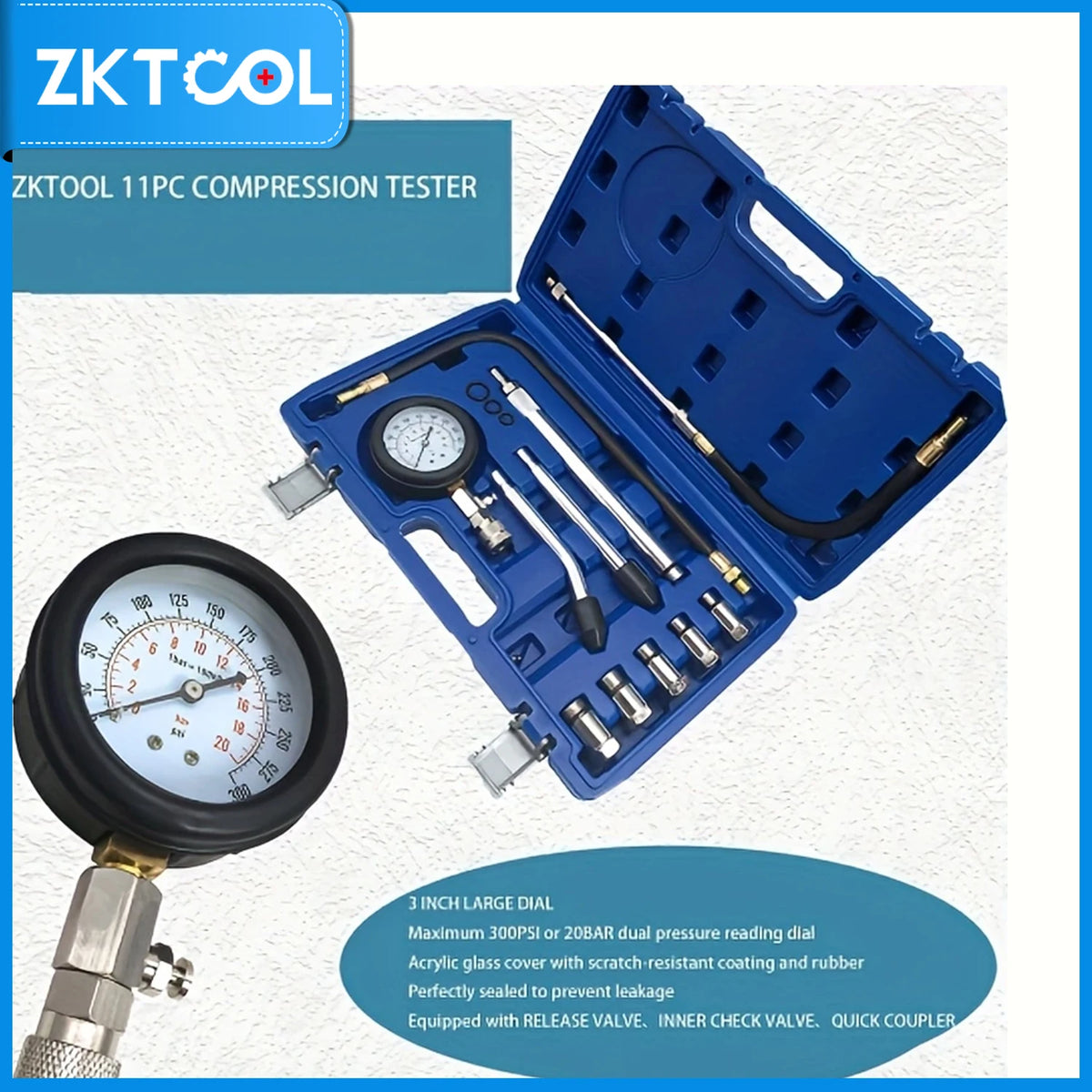 Blue ZKTool 11PC compression tester kit showing a gauge and various tools.