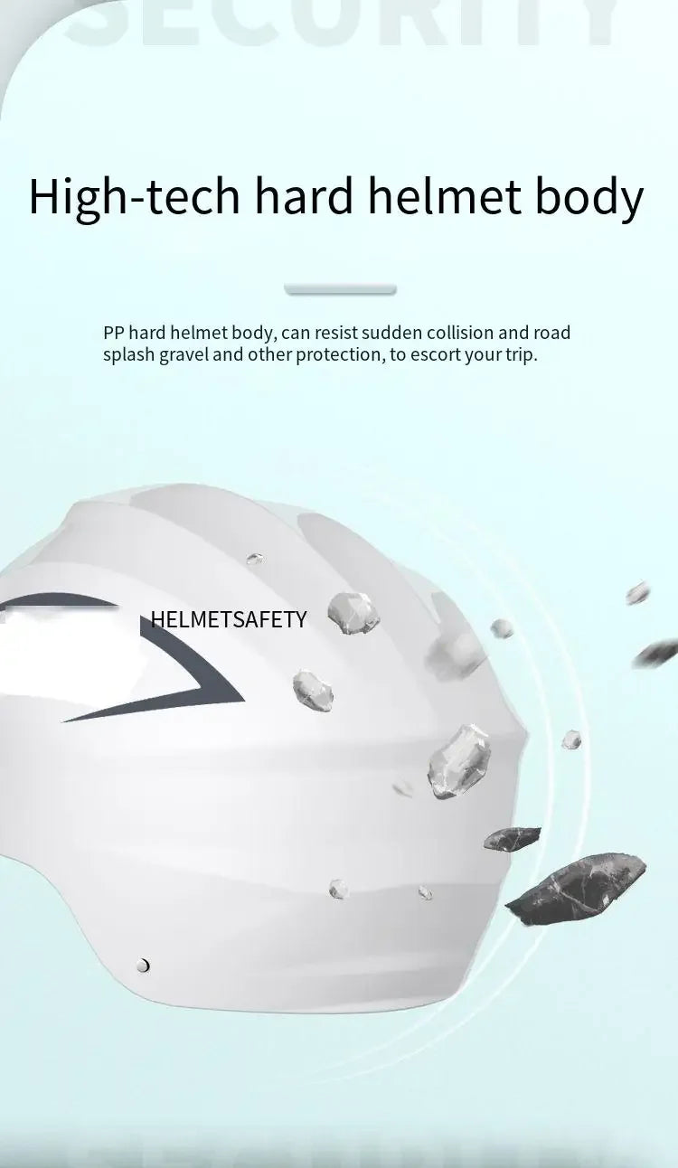 A white hard helmet body is shown with small rocks and gravel flying around it, illustrating its protection.