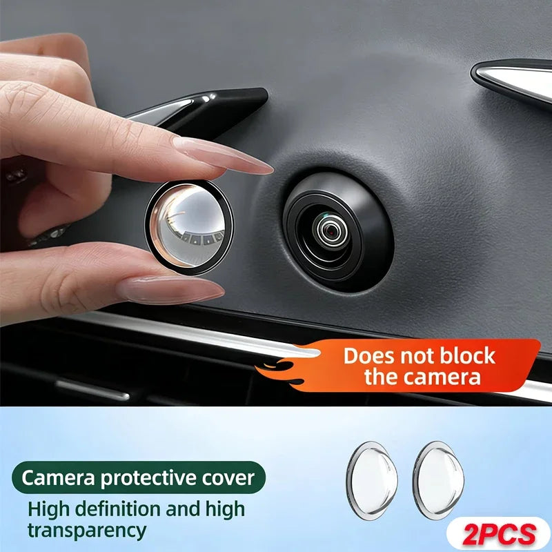 Two clear protective covers for a car camera lens shown being applied to the camera housing.