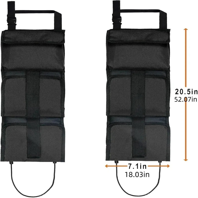 Black tactical rifle sling organizer with multi-pocket storage featuring adjustable straps and long loops