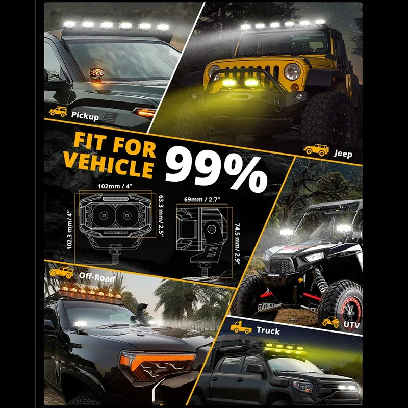 Image showing high-performance 4-inch LED driving lights fitted to various vehicles like pickups, Jeeps, trucks, and off-road