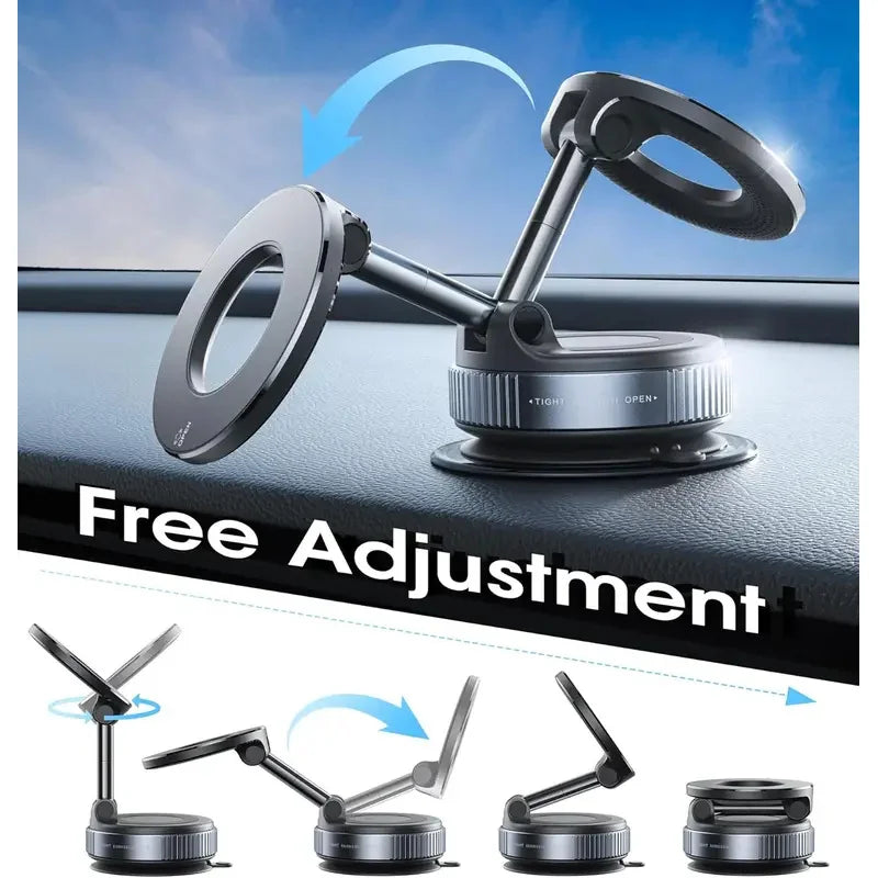 A 360° rotating magnetic phone holder is shown with various adjustment angles for use on a car or desk.