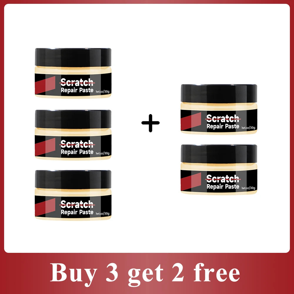 Three jars of Scratch Repair Paste with black lids and gold accents shown for a Buy 3 get 2 free promotion.