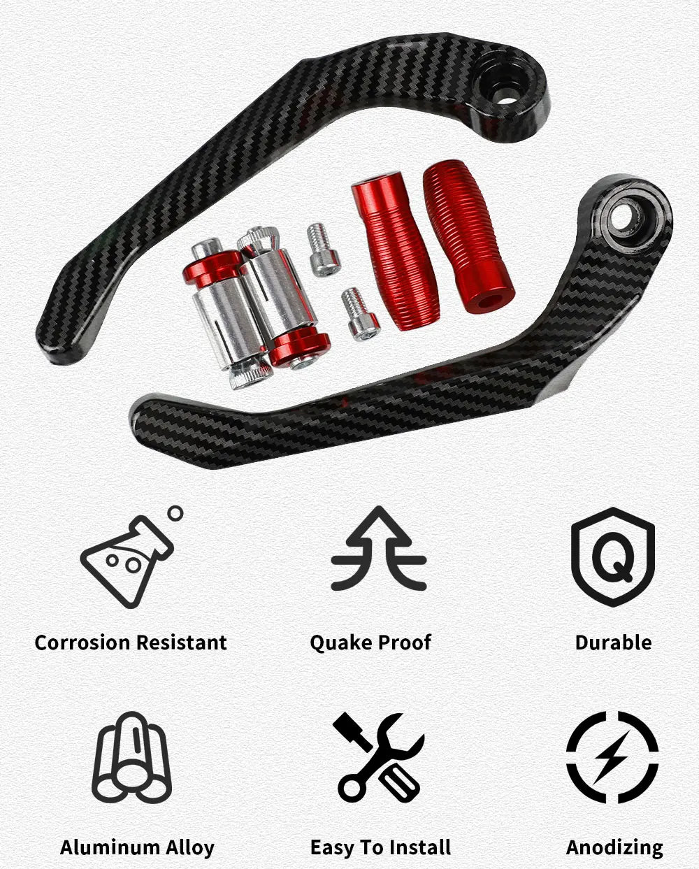 A set of motorcycle lever and handguard protectors made of durable aluminum alloy with anodized finish.