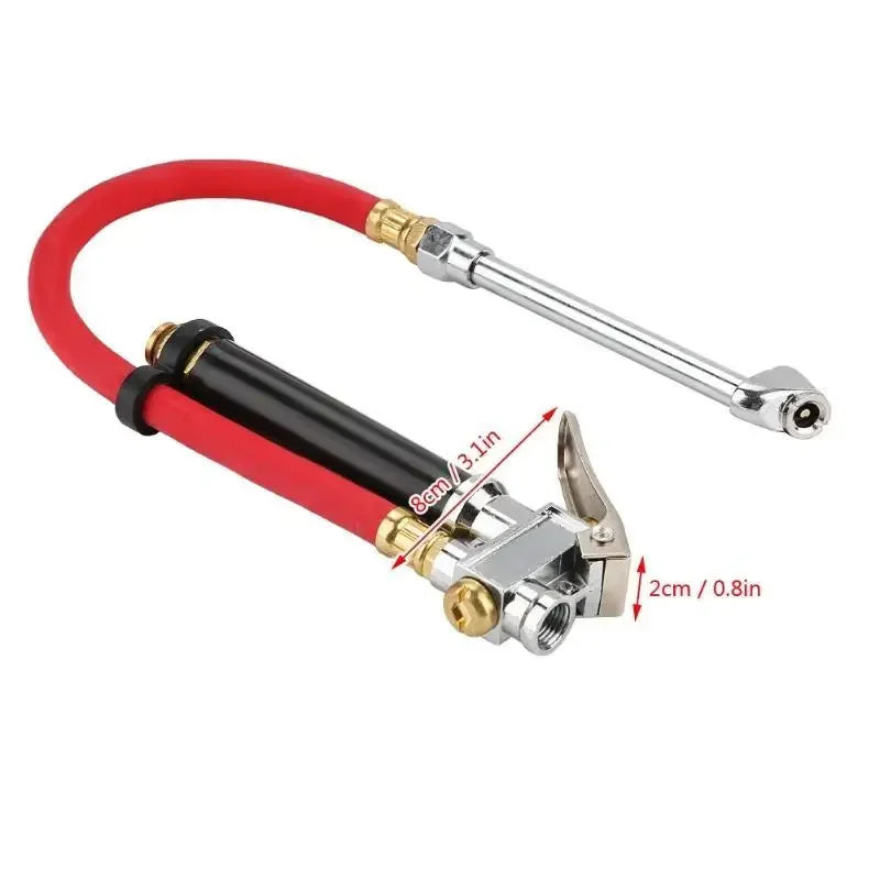 Handheld tire pressure gauge with dual chuck inflator hose featuring a red and black flexible tube.