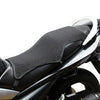 Black motorcycle seat cushion cover with white trim shown on a bike.