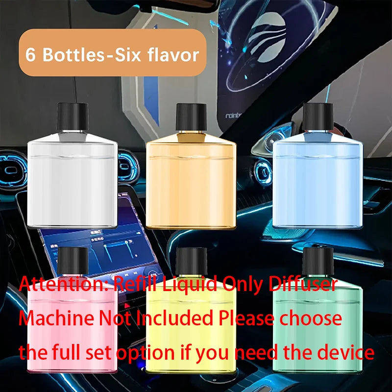 Six bottles of liquid air freshener in various colors displayed on a dark surface.