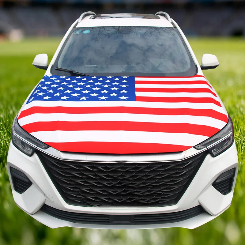 A white car with a customizable flag featuring the American flag design on the hood.