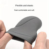 A gray flexible and elastic car gear shift knob and handbrake cover set being held by a hand.