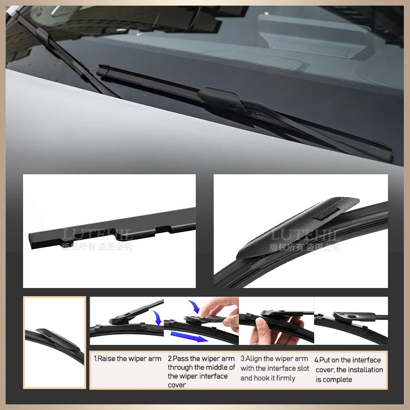 Installation guide showing how to raise, pass, align, and put on the wiper arm interface cover for universal windshield wiper