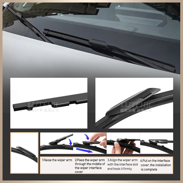Installation guide showing how to raise, pass, align, and put on the wiper arm interface cover for universal windshield wiper