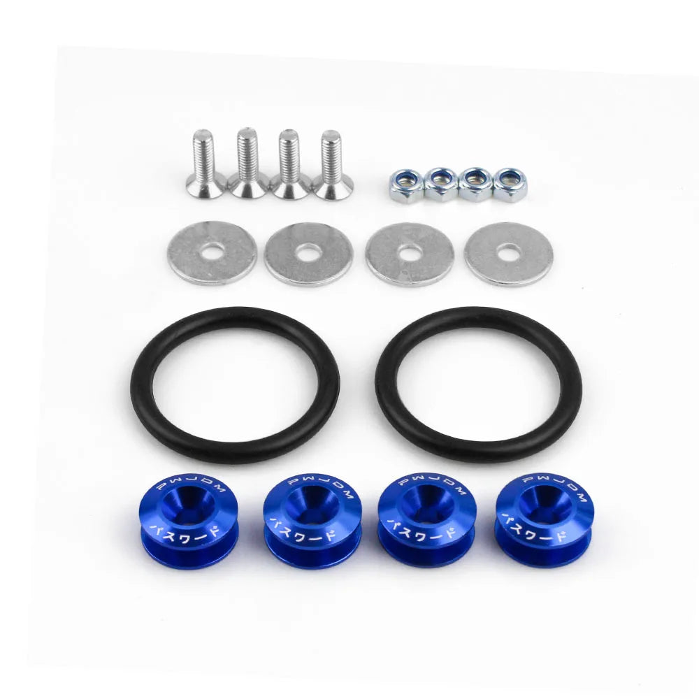 Set of aluminum quick release fasteners for bumpers, trunk, and hatch lids