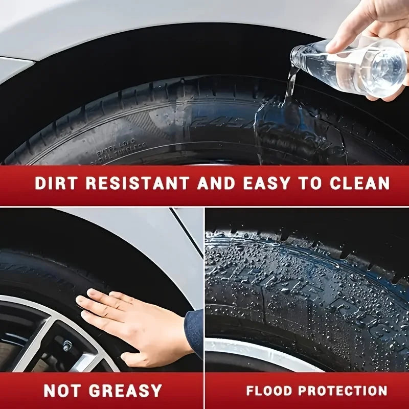 A hand pours liquid onto a car tire, demonstrating dirt resistance and flood protection features.