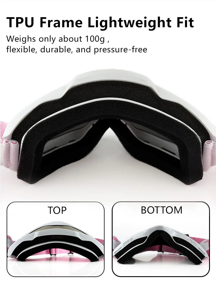 A pair of black TPU frame lightweight fit goggles shown from the top and bottom views.