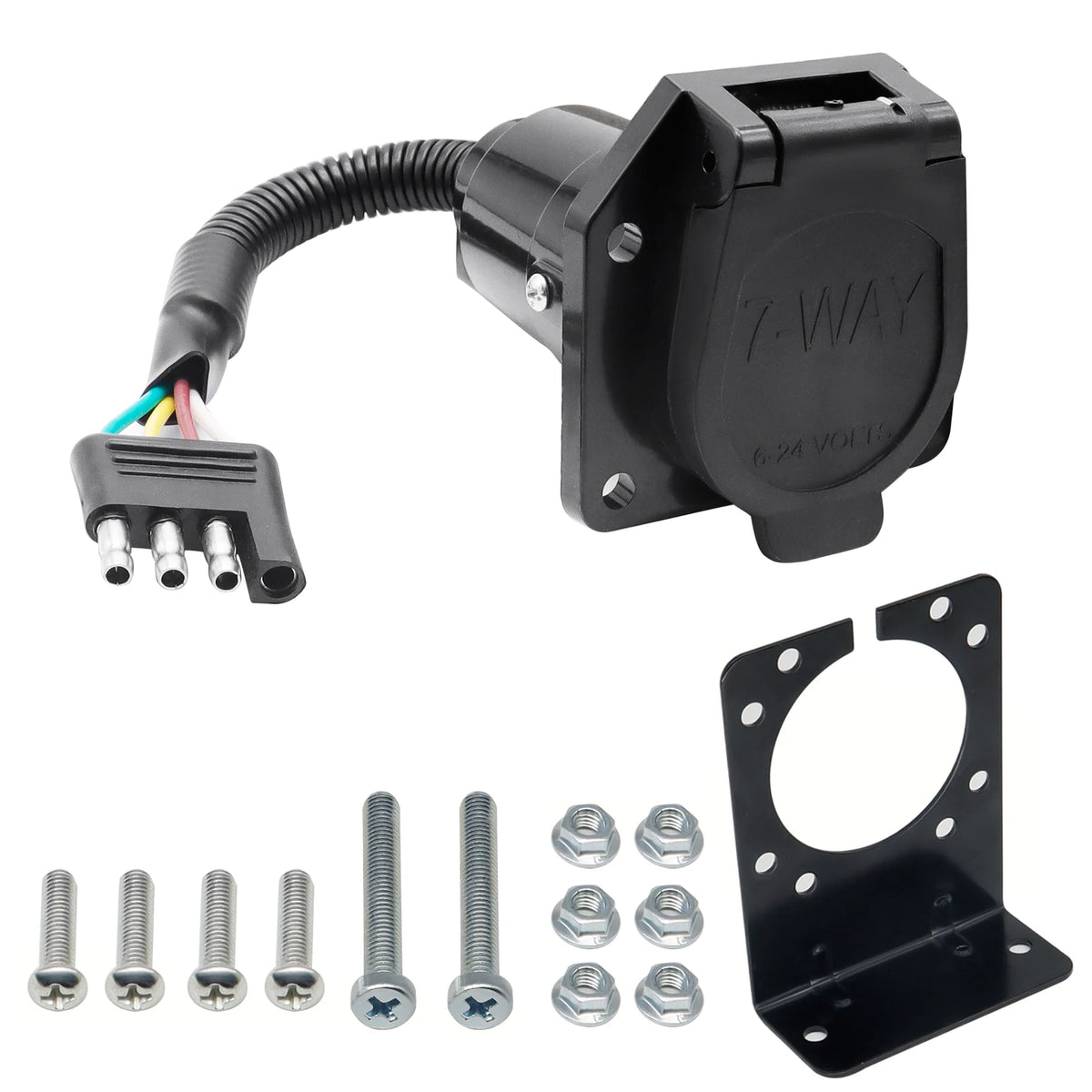 Black 7-way trailer adapter with mounting bracket, wiring harness, and mounting hardware.