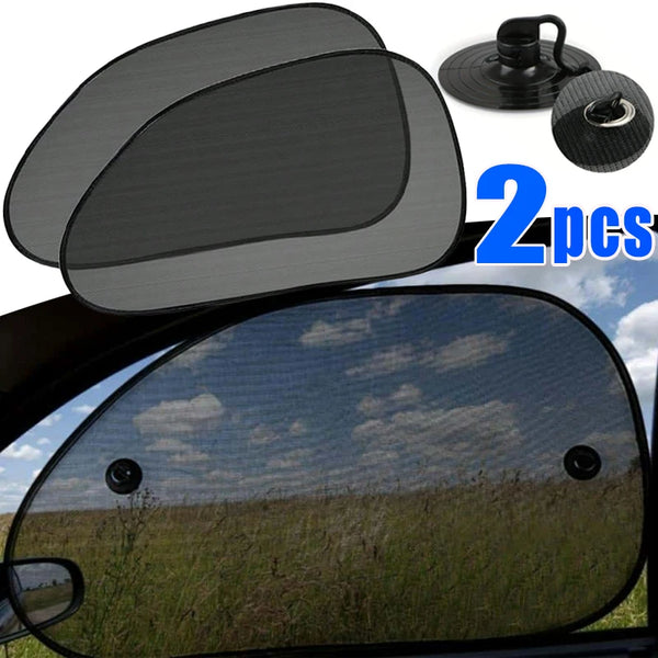Two black mesh sun shades for car side windows shown with mounting hardware.