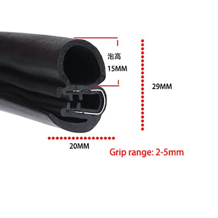 Cross-section diagram of a black U-shaped door edge seal strip showing dimensions for height and grip range